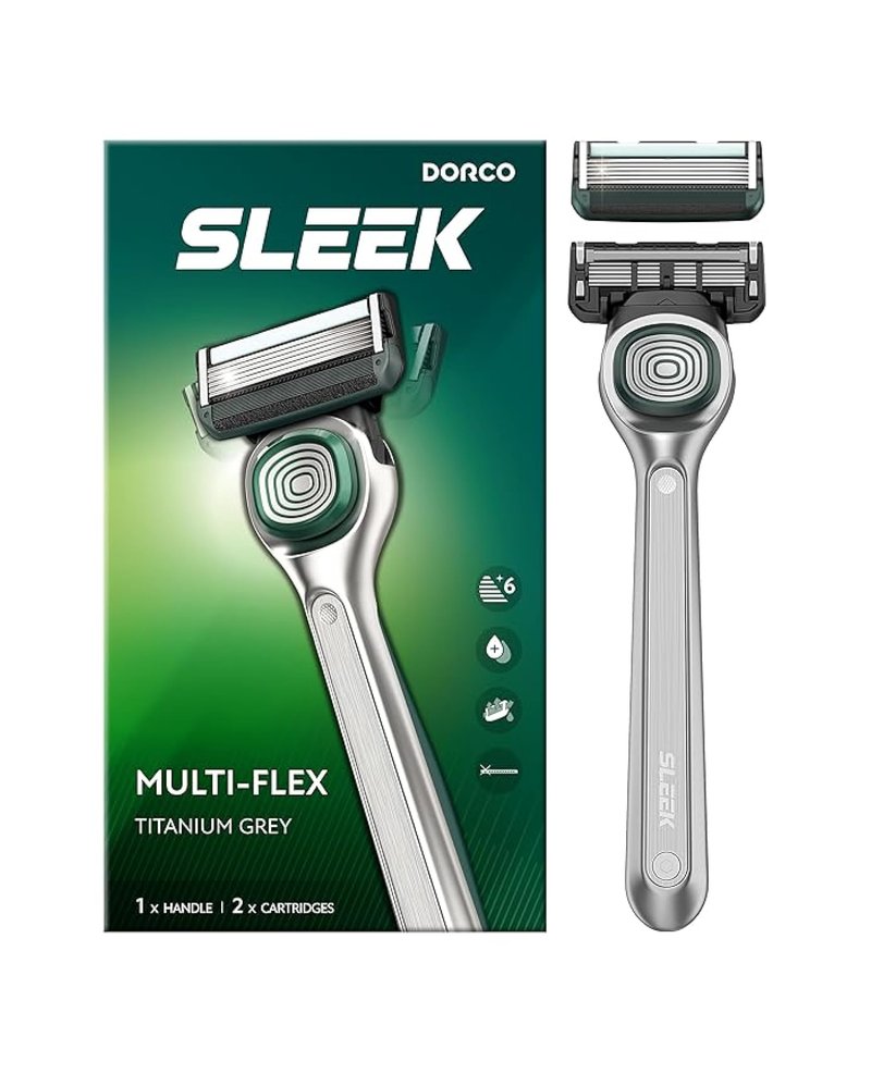 DORCO SLEEK 6 Blade Razor for Men with Multi-Flex Technology for a Smooth & Comfortable Shave | Cartridge Razor for Men, Razor Handle + 2 Cartridges