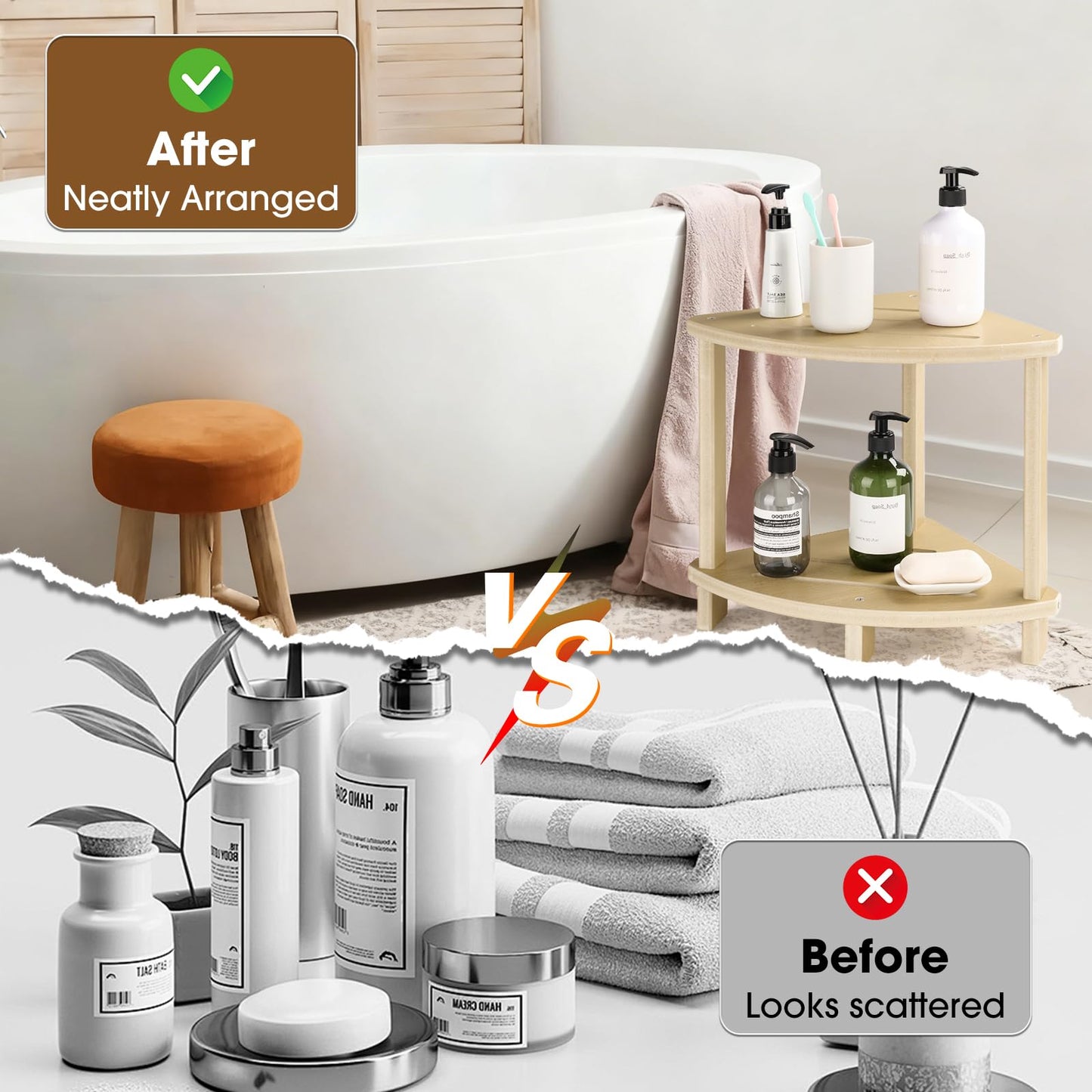 SweetBin Corner Shower Stool for Inside Shower, 17in Shower Foot Rest for Shaving Legs with Storage Shelf 2-Tier, Waterproof Bath Stool Bench for Small Spaces Bathroom Seat
