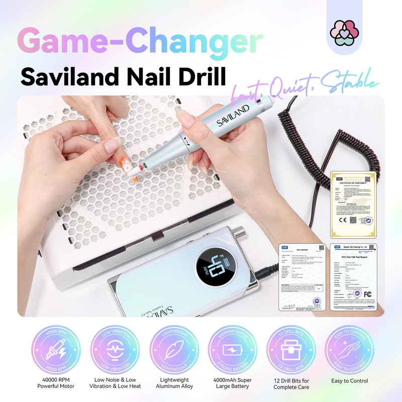 SAVILAND Advance Nail Drill for Acrylic Nails Professional: 40000RPM Nail Drill 6000mAhm High Capacity 2026 Rechargeable Electric Nail File 13 Drill Bits for Nails Manicure Pedicure E File Sky Realm