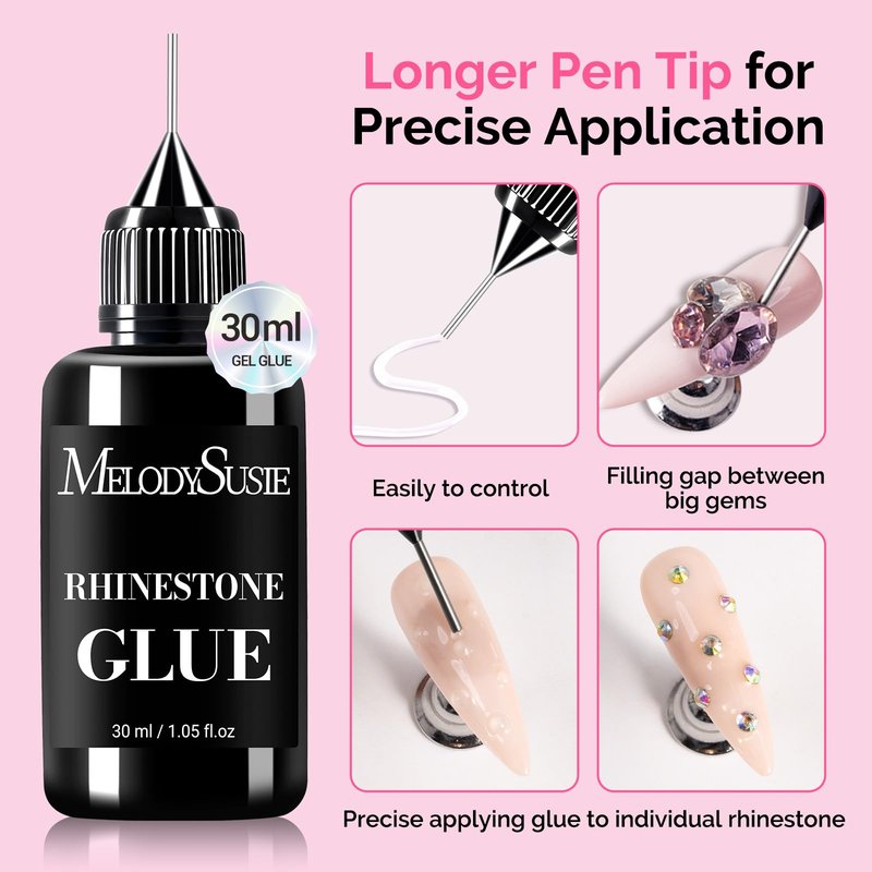 MelodySusie Nail Rhinestone Glue, 3D Gel Nail Art Design Strong Adhesive Nail Gem Glue for Nail Charms Gems Jewelry Decoration DIY Manicured at Home Cured Need Beauty Gifts for Women 30ml