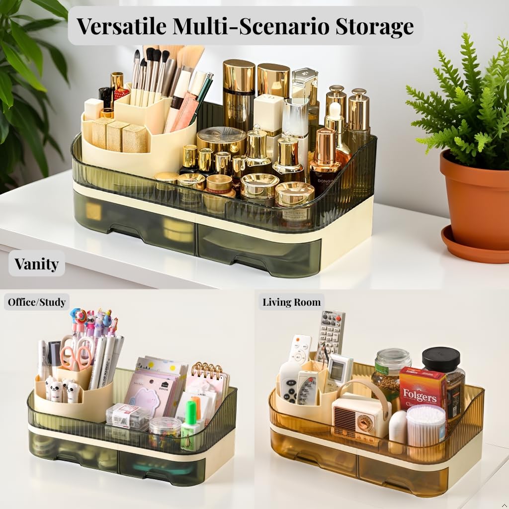 Tidyladyo Makeup Organizer with Dual Drawers - Large Capacity Countertop Cosmetic Storage for Skincare Vanity Bathroom - 360 Rotating - Clear Acrylic