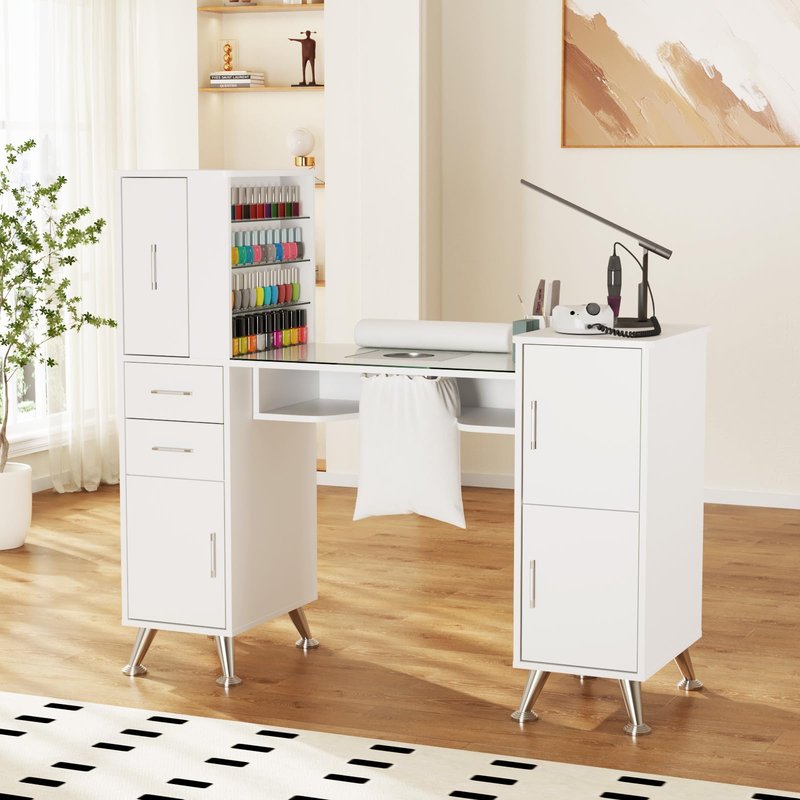 Kikihouse Manicure Table Nail Station w/Glass Top, Dust Collector, 4 Dust Bags, Storage Drawers & Cabinets, Nail Desk Beauty Salon Workstation (White)
