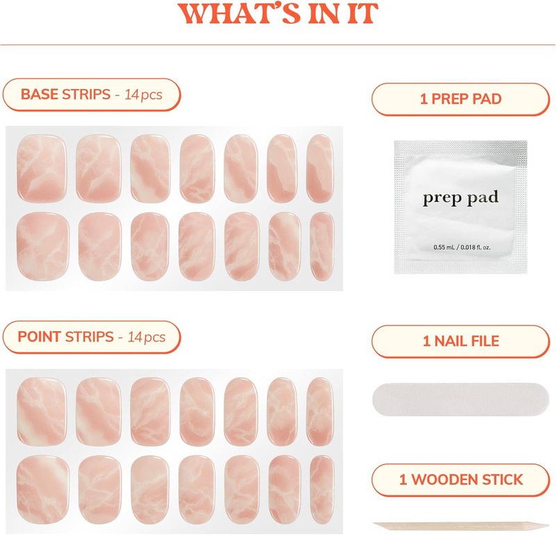 Heyhae Semi Cured Gel Nail Strips - Easy Apply Pink Marble Design | 28 Strips, Prep Pads & Nail File Included