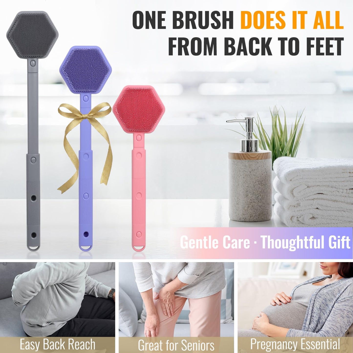AIMAIAIMAI Silicone Back Scrubber for Shower – 21in Extendable Shower Brush with Long Handle – Dual-Sided Back Brush with Non-Slip Grip, Gentle Cleansing & Exfoliation for Men, Women, Elderly (Black)
