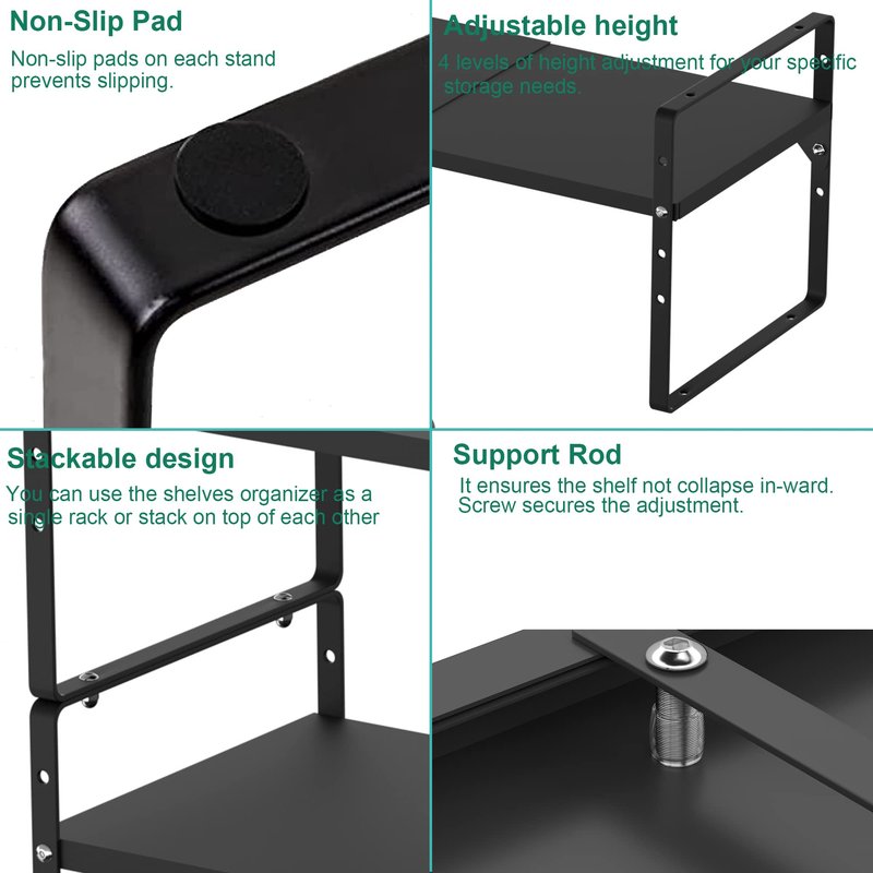iPEGTOP 2 Pack Expandable Cabinet Storage Shelf Organizer Rack, Heavy Duty Steel Metal Spice Rack Adjustable Height Office Garage Pantry Shelf Space Riser for Counter Kitchen Organization, Black