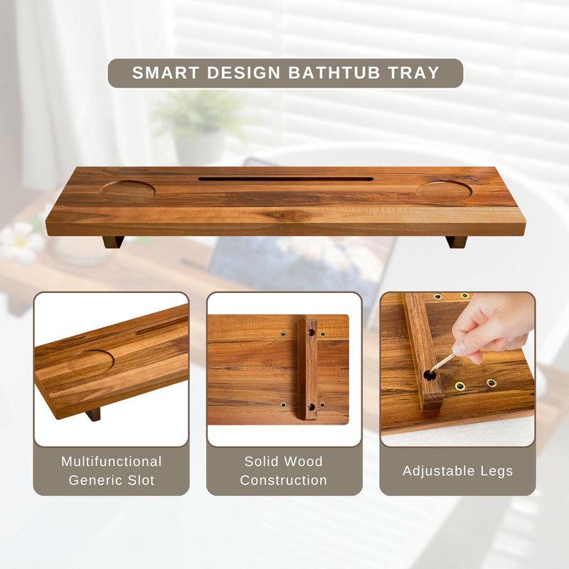 ILOT Bathtub Tray for Standard Tubs – 29" Adjustable Teak Wood Bath Caddy | Anti-Tip, Non-Toxic, Waterproof, Sustainable Bath Tray Organizer for Relaxing Spa & Home Use