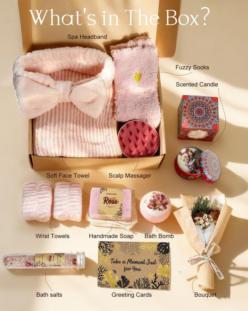 Coralogo Rose Spa Gift Baskets - Natural Pampering Spa Set, Self-Care Get Well Soon Thinking of You Basket,Thank You Gifts, Unique 11pcs Gift Set for Women Wife Mom Her Birthday