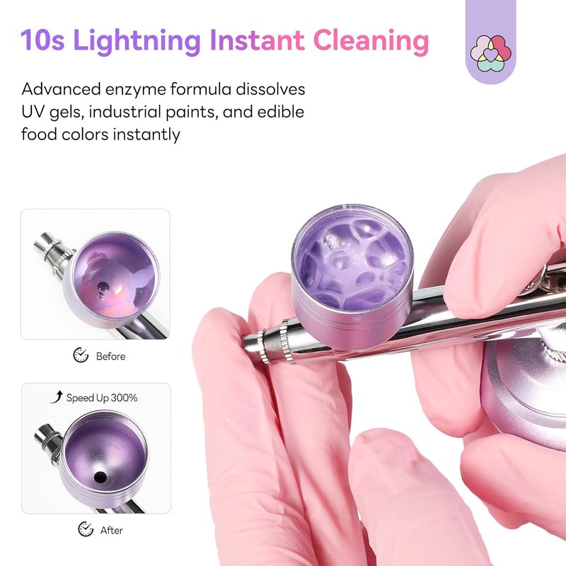 SAVILAND Airbrush Cleaner Kit - 240ml Low Odor, Acetone-Free Solution with Cleaning Brush & Nozzle Reamer for Nail Art