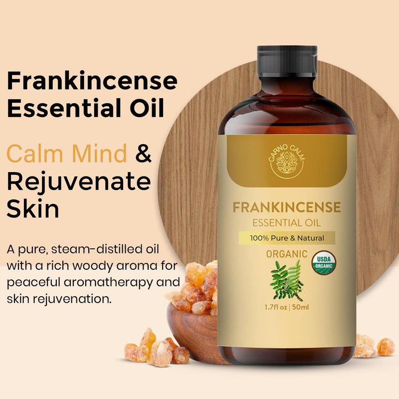 Carno Calm Frankincense Essential Oil | USDA Certified Organic Frankincense Oil | Woody and Earthy Aroma |1.7 fl. Oz