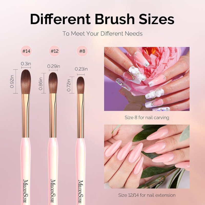 MelodySusie Acrylic Nail Brush Set - 3Pcs Size 8/12/14 for Extension & 3D Carving | Pink DIY Tool