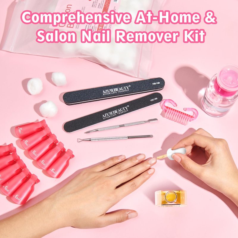 AZUREBEAUTY Nail Polish Gel Remover Tools Kit with Nail Clips, 150ml Remover Bottle, 10ml Cuticle Oil, 100 Nail Remover Cotton Balls, Cuticle Pusher Peeler Brush, 100/180 Nail File, Nail Art Tools Set