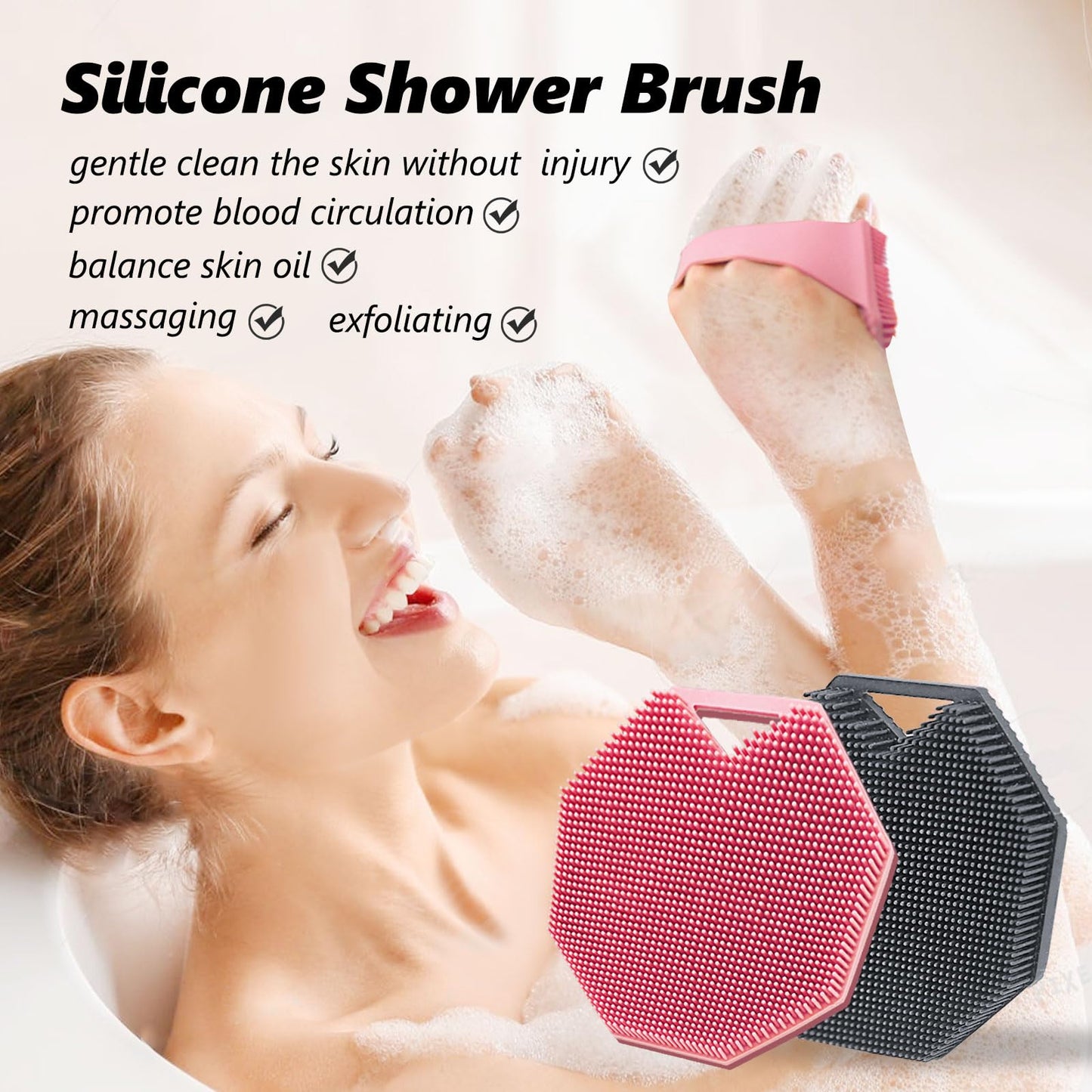 2 Pack Silicone Body Scrubber, Exfoliating Body Scrubber for Sensitive Skin, Silicone Loofah with Anti-Slippery Handle, Stays Clean Easily, Travel-Friendly for Men & Women (Gray + Purple)