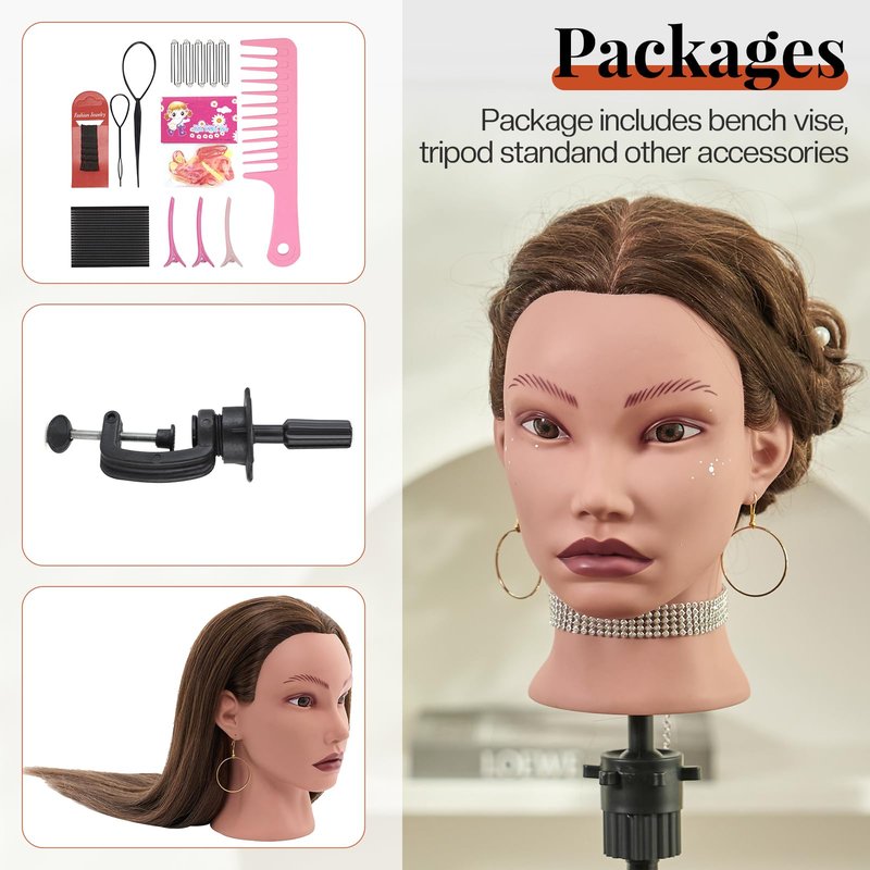 20" Mannequin Head Human Hair,100% Real Hair Mannequin Head,Cosmetology Human Hair Mannequin Doll Head for Hair Styling,Practice Braiding Styling Head with Table Clamp Suitable for Hair Extensions