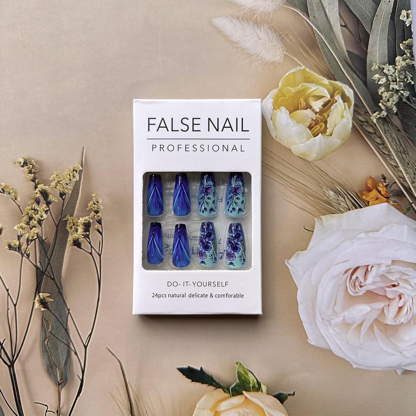 Skiennix Spring Press On Nails - Medium Coffin Shaped Floral Design | Reusable Blue Purple Flowers