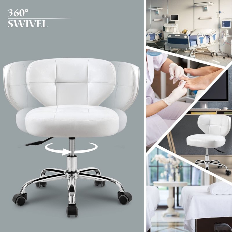 Paddie Pedicure Stool for Nail Tech, Hydraulic Salon Spa Stool Back Support Short Height Adjustable Swivel Chair, Massage/Tattoo/Esthetician/Shop/Medical, White