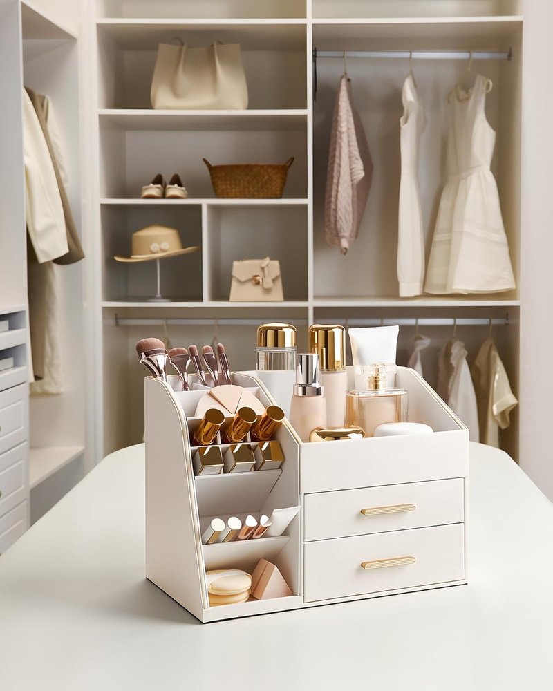 Makeup Organizer - 3-Layer PU Leather Storage Box for Skincare, Lipstick & Perfume | Easy to Clean - Cream