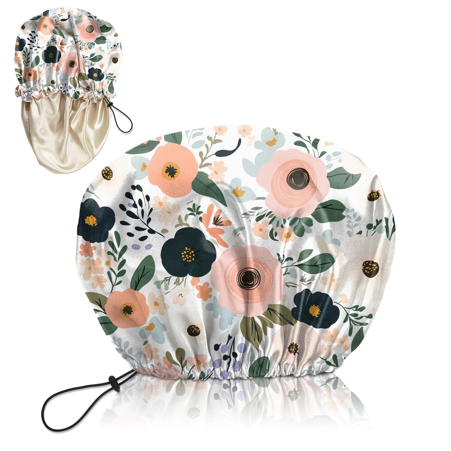 Deokke Luxury Shower Cap Silk Satin Lined Waterproof Reusable Adjustable Elastic Dry Hair Bathing Caps Cute for Women Girls-Flower