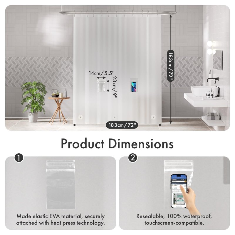 AmazerBath Shower Curtain Liner with 2 Weights Pockets, 72x72 Innovative No Blowing Plastic Frosted Shower Liner with 2 Weighted EVA Pockets & 3 Magnets, Waterproof Shower Curtain for Bathroom Stall