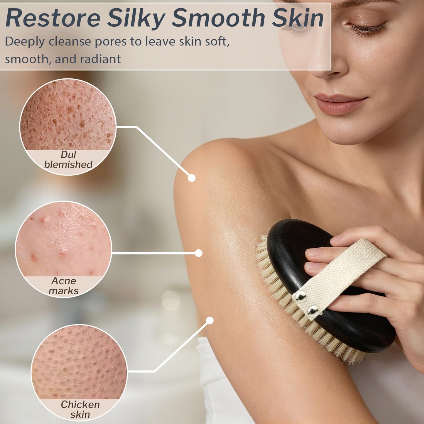 Dry Body Brush for Lymphatic Drainage – Soft Natural Bristles Exfoliator for Sensitive Skin, Cellulite & Circulation, Wooden Grip Bath Brush for Glowing Skin