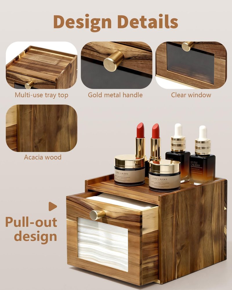 Disposable Face Towel Holder - Acacia Wood Storage Drawer for XL Towels | Bathroom Vanity Organizer & Wall Mount