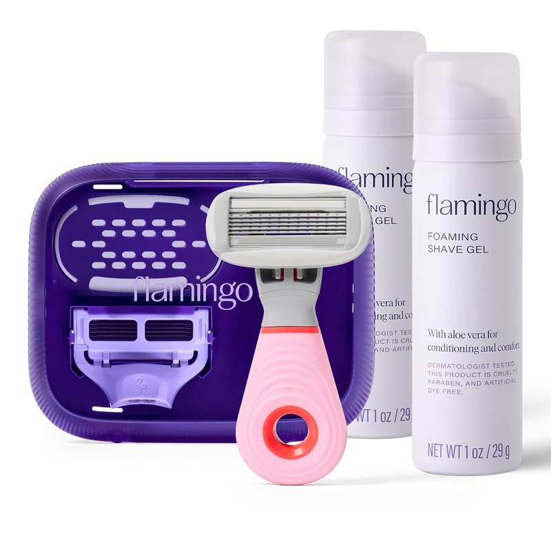 Flamingo Travel Razor Kit for Women - Mini Razor with 2 Blade Refills & Foaming Shave Gels | TSA Approved