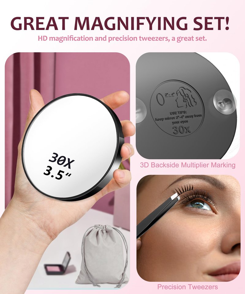 Haikopoon Magnifying Mirror 20X&30X&40X 3Packs with Tweezer and Suction Cups Set, 3.5 Inches Compact Travel Magnified Mirror-Black