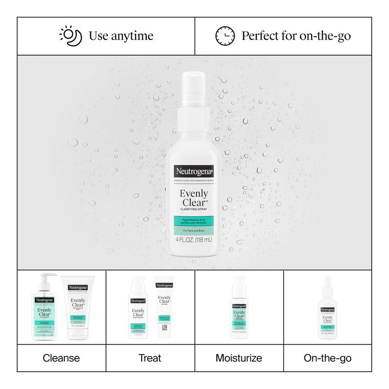 Neutrogena Evenly Clear Clarifying Hypochlorous Acid Spray, Purifying Face & Body Mist Helps Refresh Acne-Prone Skin While Fighting Impurities Anytime, Anywhere, 4 fl. oz