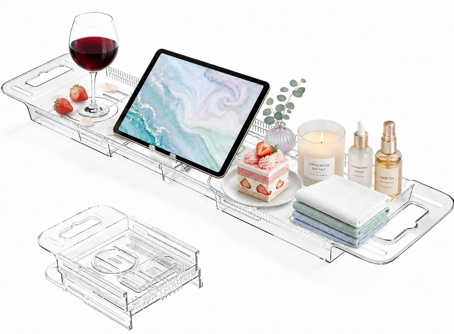 Expandable Bathtub Tray Caddy, Clear Bath Tray for Tub for Bath Relaxing, Foldable Bath Table Trays, Bathtub & Bathroom Accessories for Women Gift, Anniversary or Wedding Gifts, New Home
