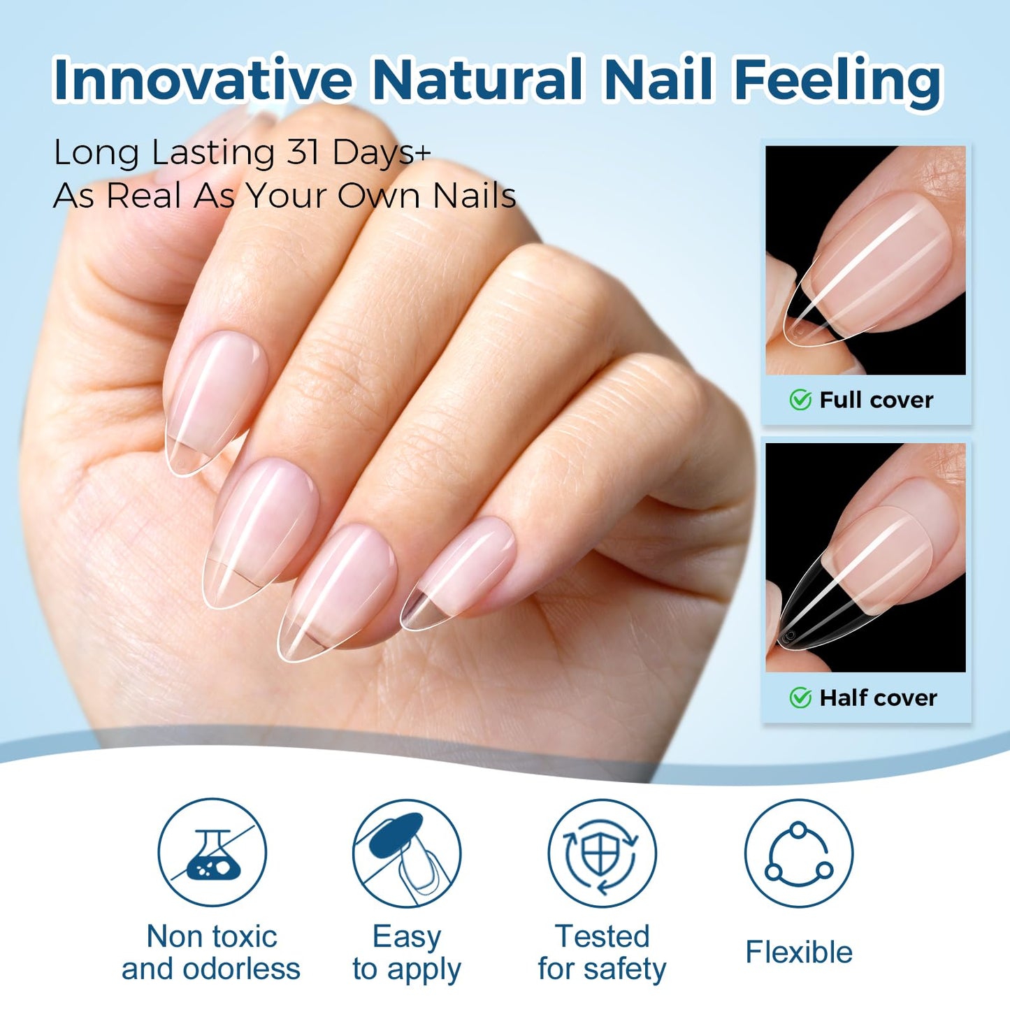 TOMICCA Short Almond Nail Tips - 240pcs 15 Sizes Soft Gel Tips, Half Matte Pre-Shaped Full Cover Clear Fake Nails, Acrylic Press on Nails for Extension, Beginners and Professional Salon