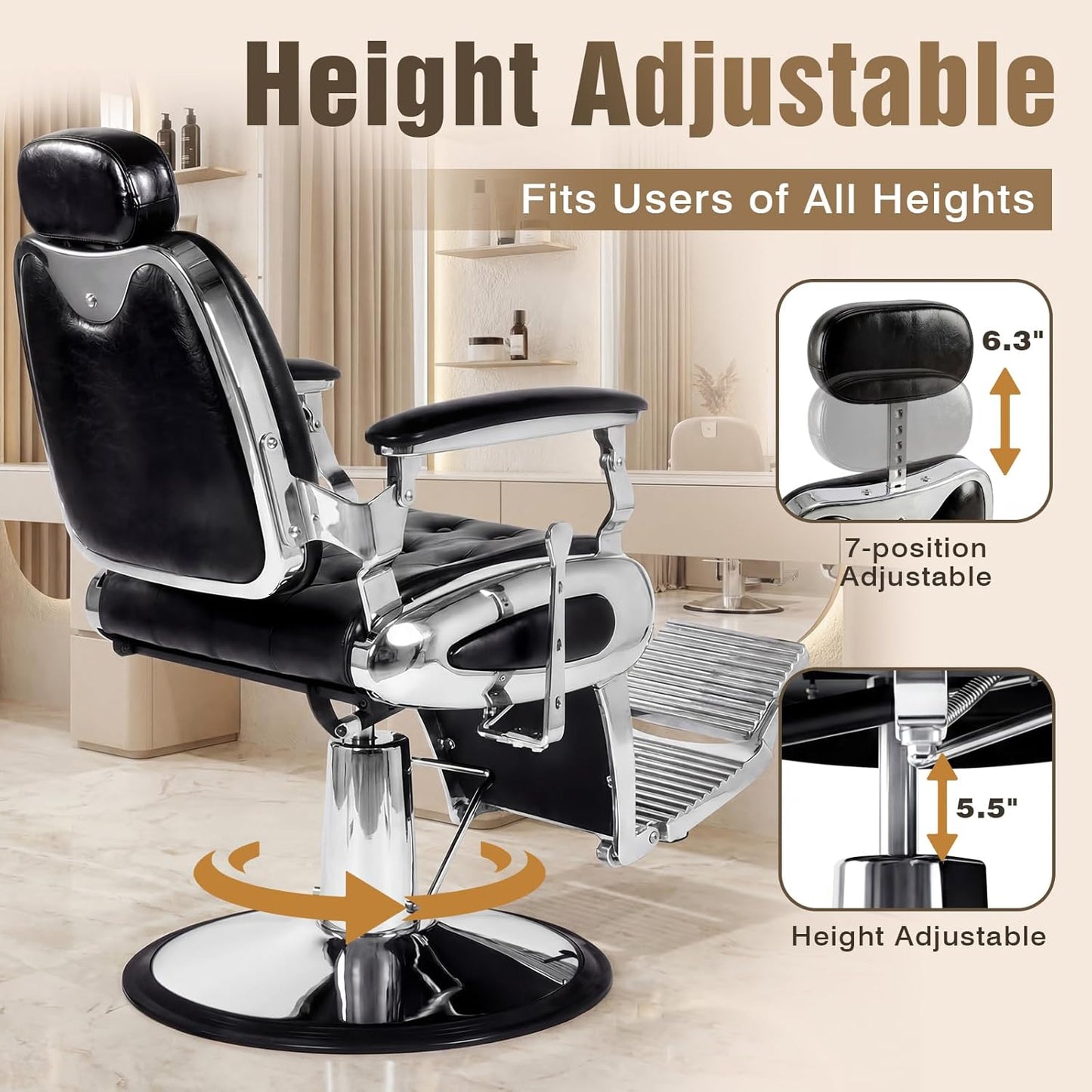 Vintage Hydraulic Barber Chair - Heavy Duty 360° Swivel Salon Chair | Black & Silver