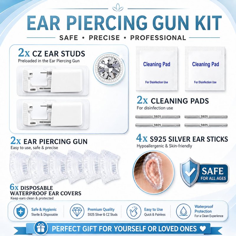 Anzero Ear Piercing Kit Disposable Ear Cartilage Piercing Gun Kit with Sterile CZ Studs, Painless Piercing Gun for Home Self-Use, Easy & Safe Piercing for Women, Men & Girls - 2MM