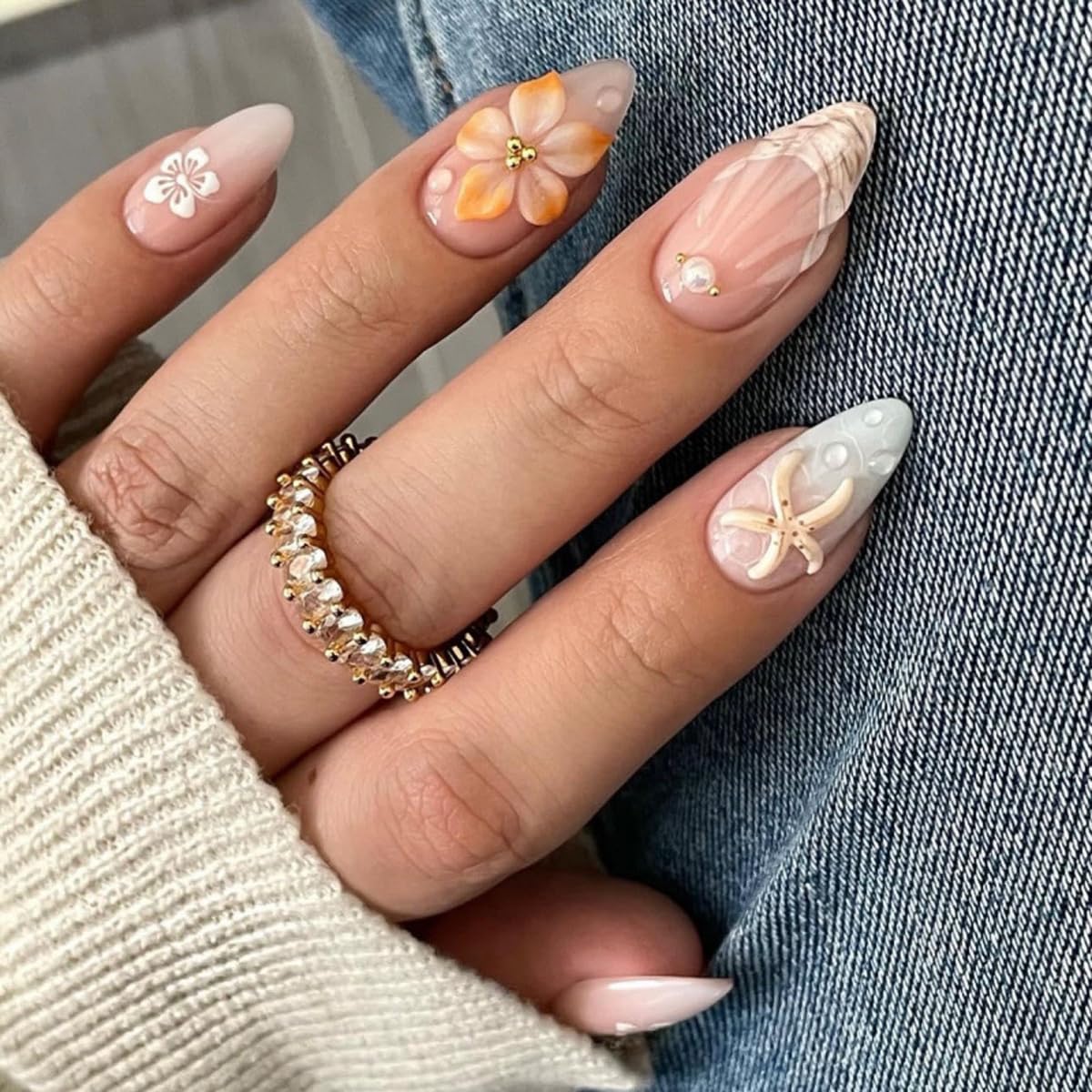 Skiennix Summer Press On Nails - Medium Almond French Tip with 3D Flower & Starfish | 24PCS Glossy Manicure Kit