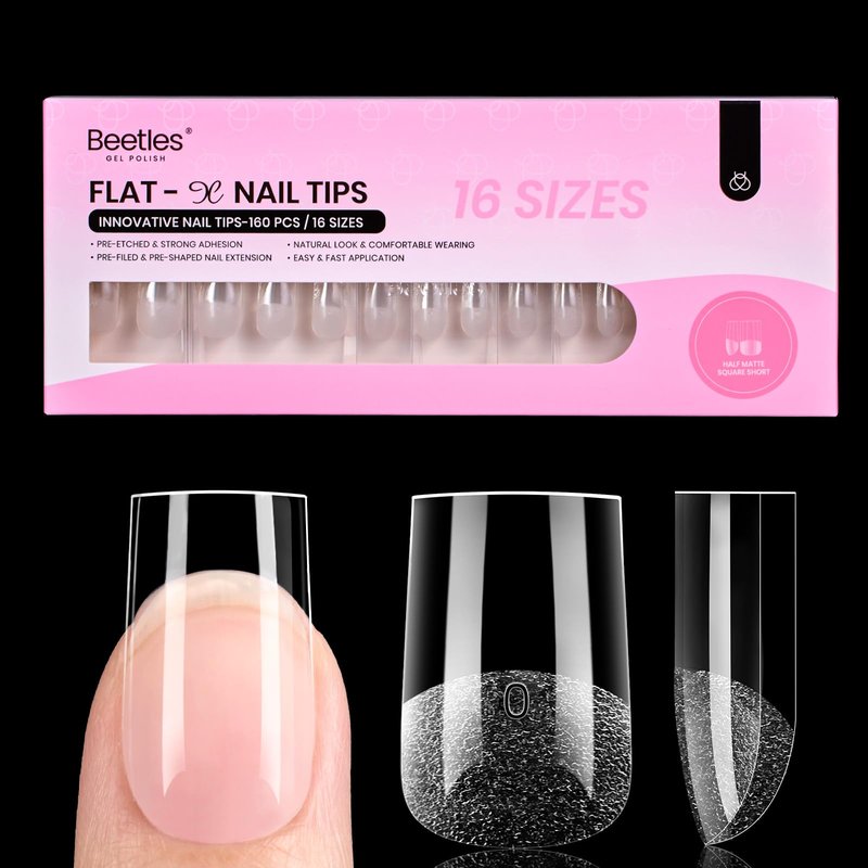 Beetles Gel Nail Tips Flat-X - Square Short, 160pcs 16 Sizes, Pre-Etched Half Matte Full Cover Soft Acrylic False Nail Tips Clear Press on Easy DIY Extension Salon for Flat & Natural Nail Beds