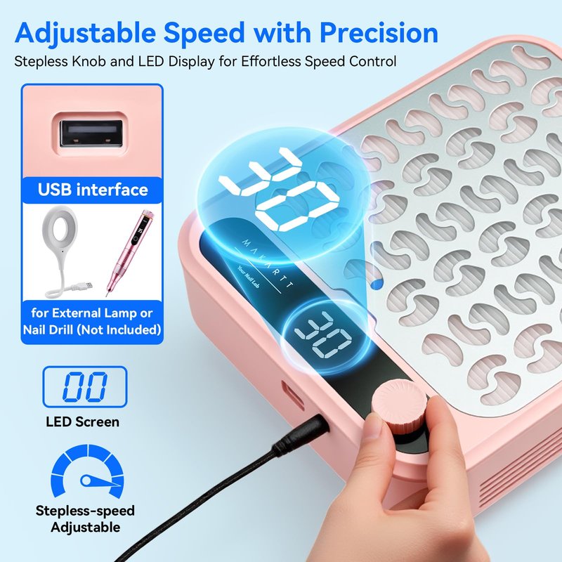 Makartt Nail Dust Collector - Professional Powerful Suction Larina Vacuum Fan Dust Cleaner with LED Display, Adjustable Speed, Reusable Filter for Acrylic Nails Polishing Manicure Salon Home Pink