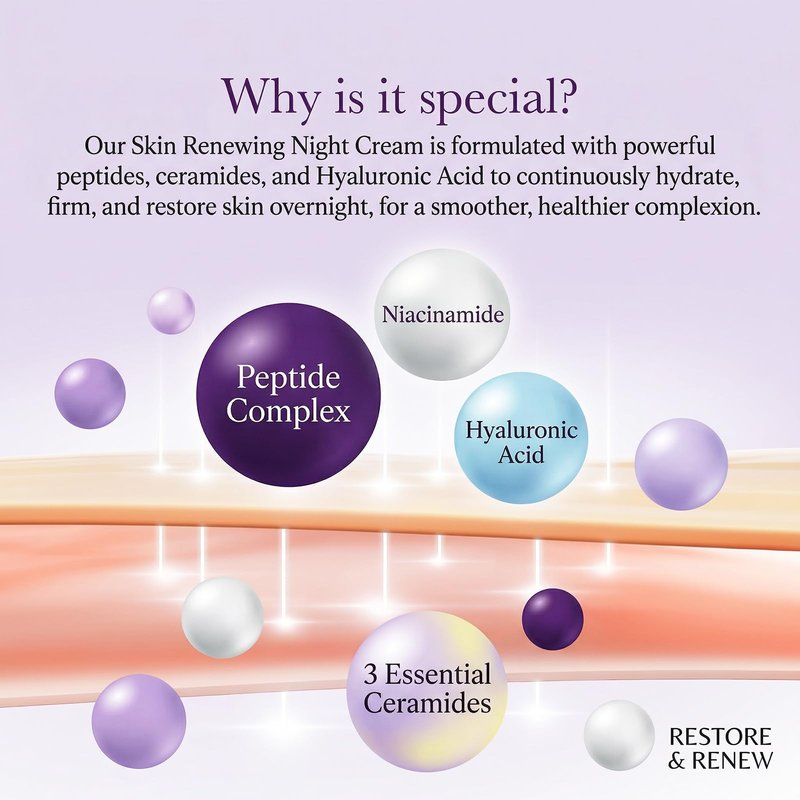 PIFLAT Skin Renewing Night Cream Face Moisturizer with Niacinamide, Peptide Complex, Hyaluronic Acid & Ceramides | Visibly Reduces Fine Lines & Enhances Skin Elasticity | For All Skin Types