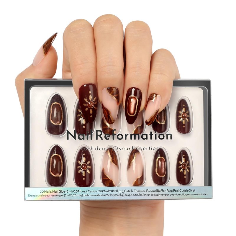 Nail Reformation Press On Nails, Sun Stone | Medium Almond Fake Nails with 3D Golden Shimmer on Amber Glow Base in Glossy Finish, Reusable Stick On Nails in 15 Sizes - 30 Nail Kit for Women Gifts
