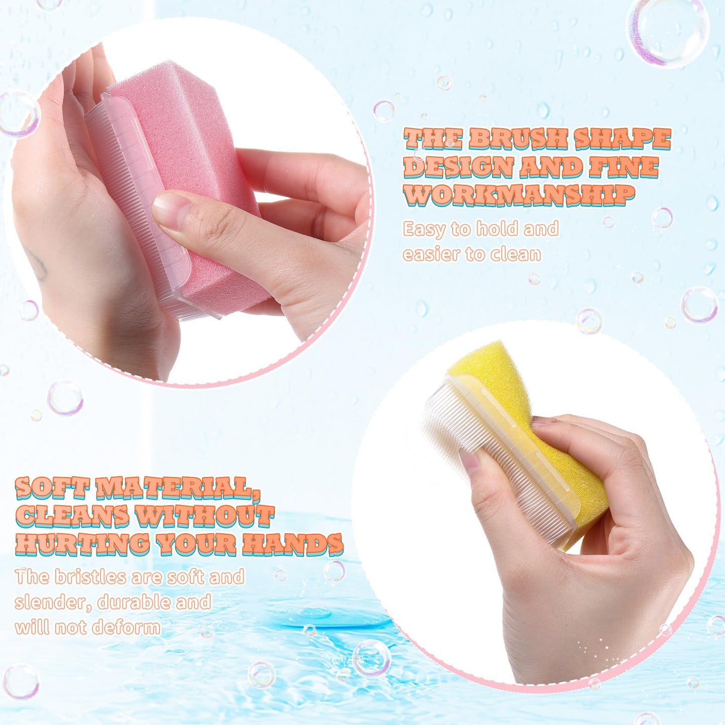 Sunnyray 6 Pack Bath Sponges Soft Foam Scrubber with Cradle Cap Bristle Brush 2 in 1, Cleansing Body, Hair and Scalp Cleansing, Gentle on Baby and Toddler Sensitive Skin, Sterile and Safe