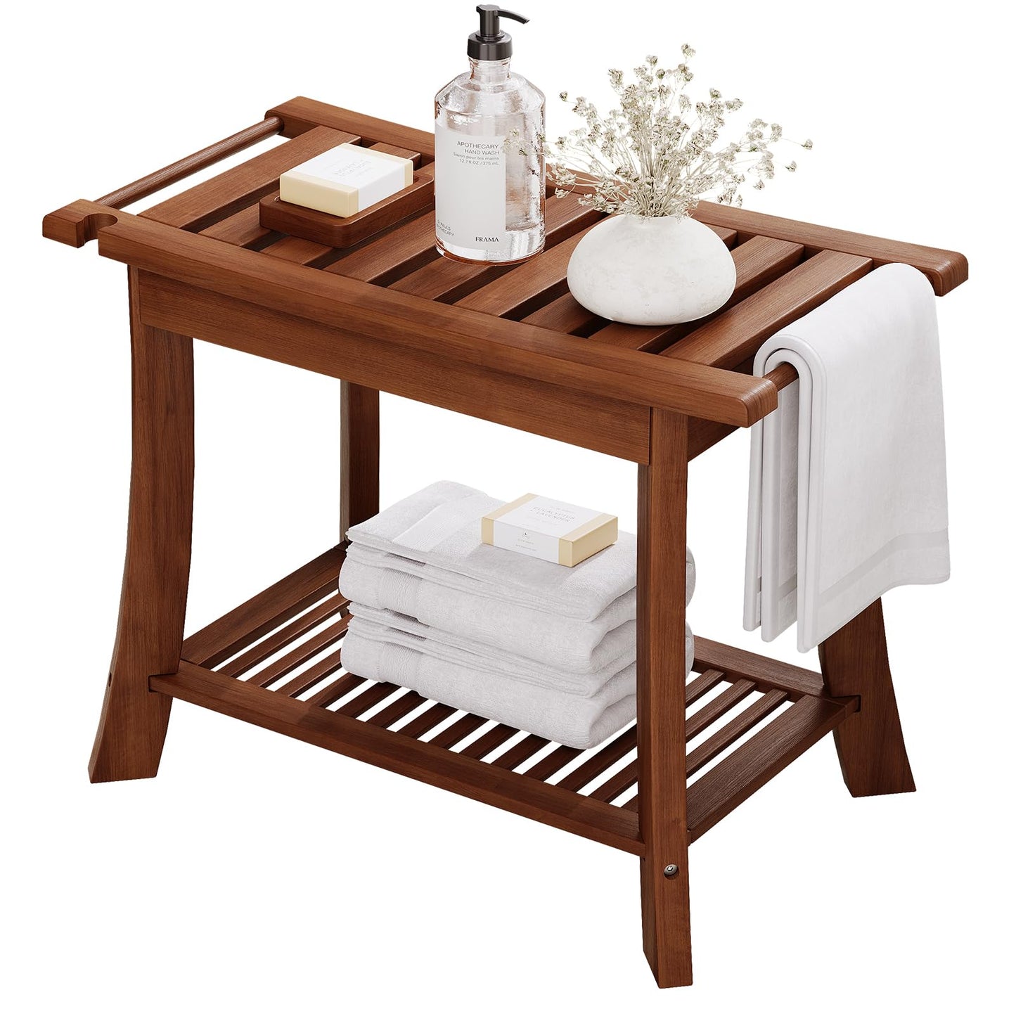 Teak Shower Bench, 23.6 Inch Teak Shower Stool 300lbs Wood Shower Chair Seat with Storage Shelf Towel Rack for Bathroom Indoor and Outdoor Use