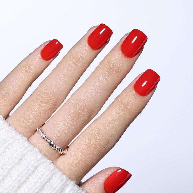 Red Press On Nails Short Square, Bright Red Glossy Fake Nails with Nail Glue for Women, Reusable Glue On Nails Kit, 30 PCS in 15 Sizes