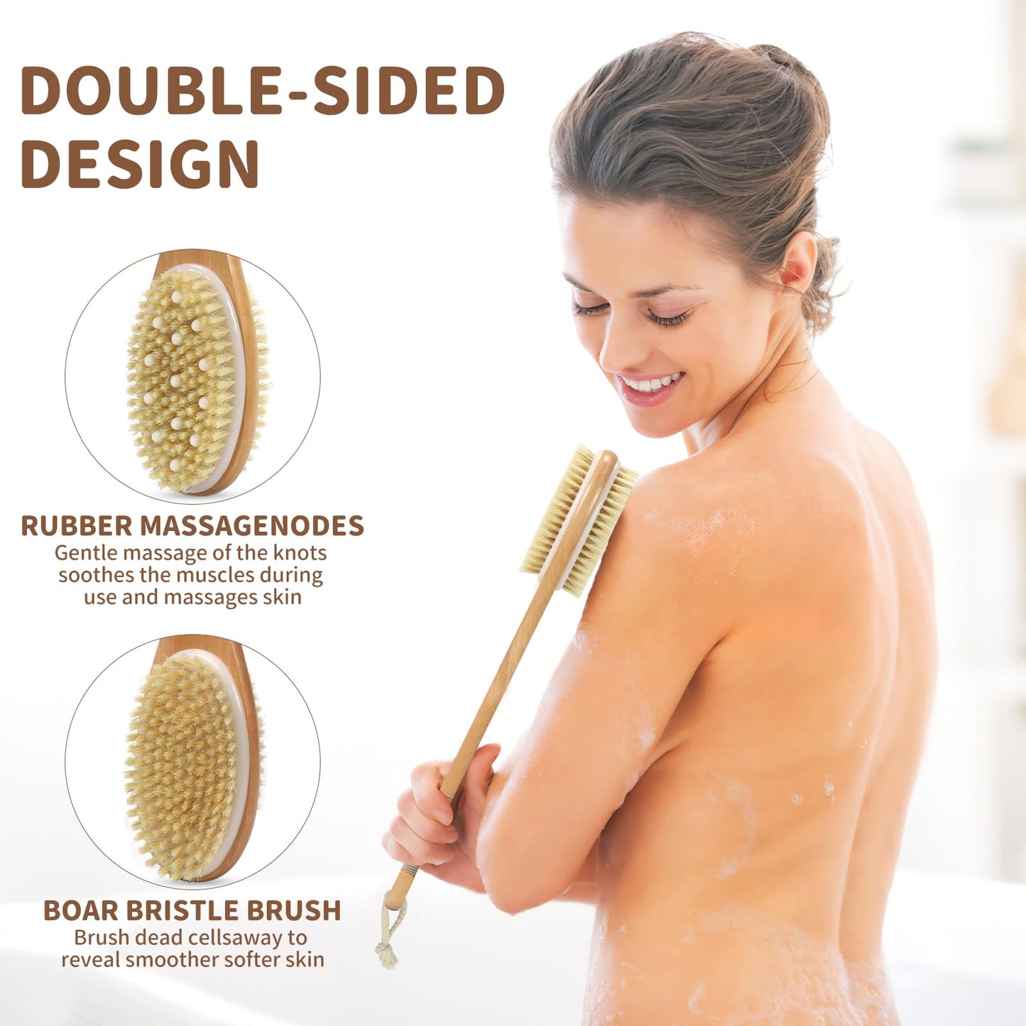 VALENTISE Back Scrubber for Shower, Shower Brush Long Handle with Boar Bristle and Massage Nodes, Exfoliating Body Scrubber for Lymphatic Drainage, Cellulite & Blood Circulation