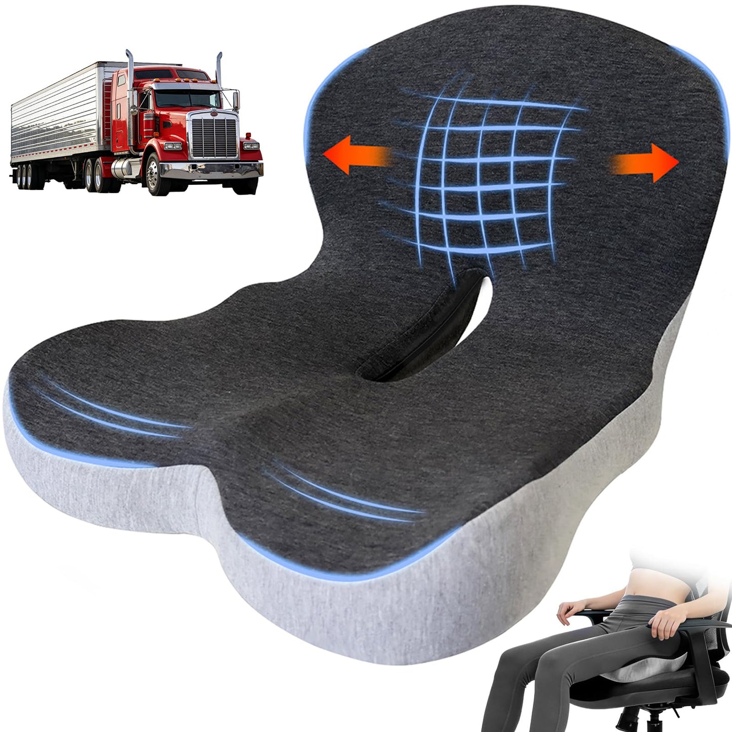 kowptyy Memory Foam Seat Cushion for Long Sitting,L-Shaped Ergonomic Design for Office Chair & Truck Drivers,Improve Comfort During Prolonged Sitting(Black Gray)