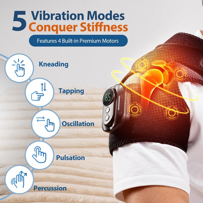 HOMRELEXA Magnetic Detachable Remote Control Shoulder Heating Pad - Cordless Heated Shoulder Massager Wrap with 5 Vibration Modes and 5 Heating Levels, Time Setting, Gift for Men & Women, Black