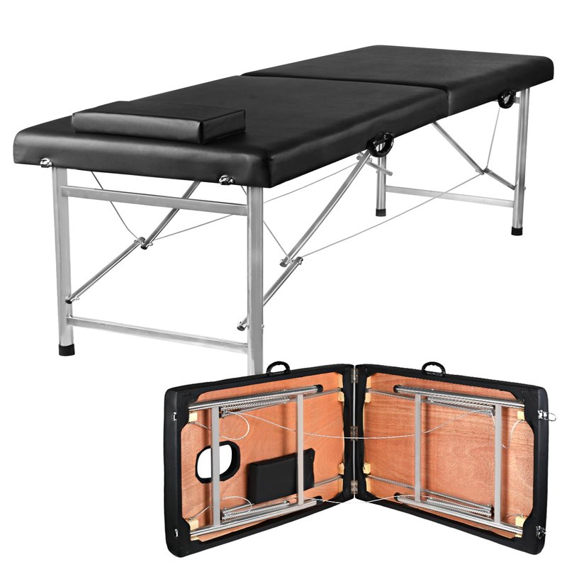 Senrob Portable Folding Massage Table – 2-Section Lightweight Salon & Spa Bed for Tattoo, Facials, Massage Therapy – Foldable Beauty Table for Home & Professional Use (Black)