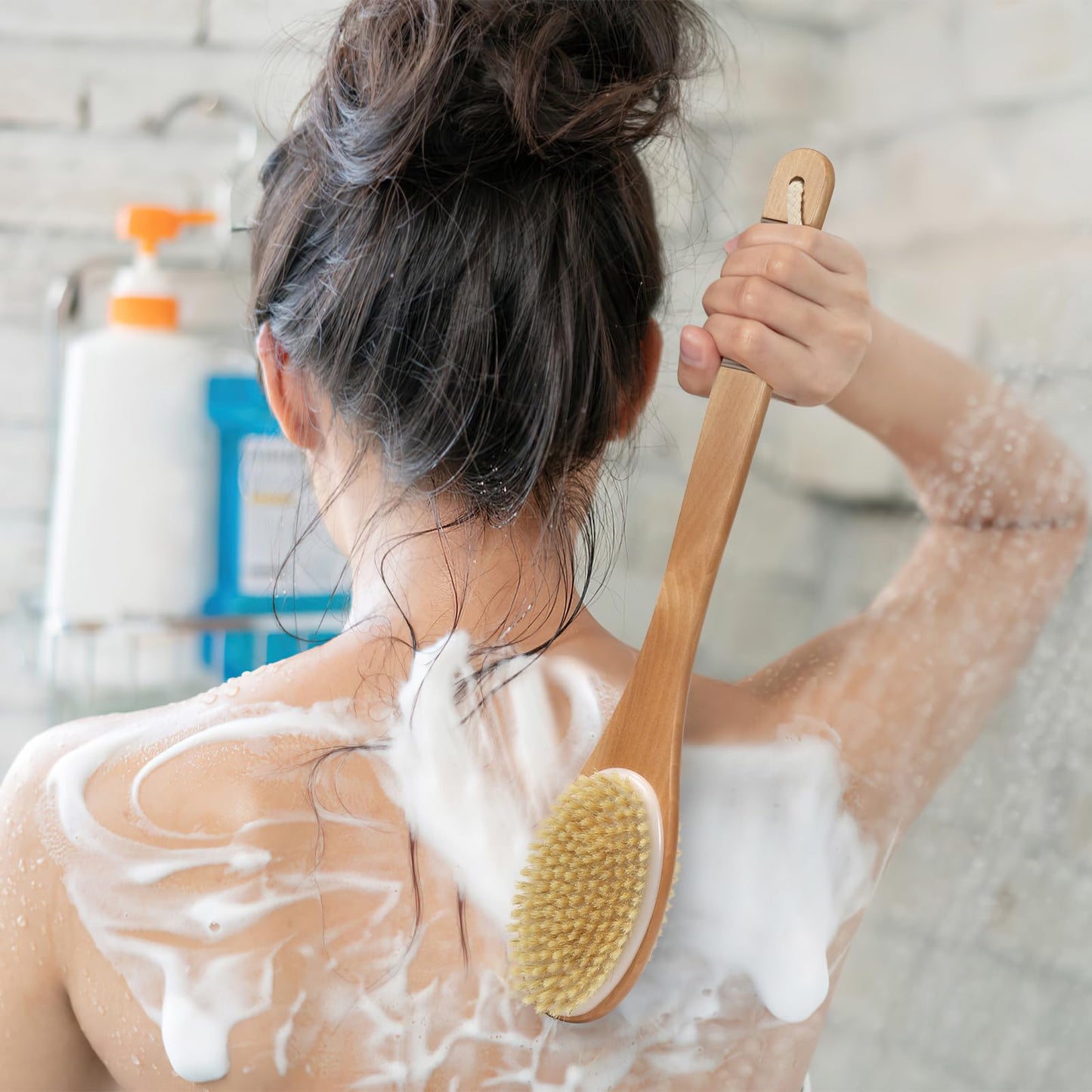 VALENTISE Back Scrubber for Shower, Shower Brush Long Handle with Boar Bristle and Massage Nodes, Exfoliating Body Scrubber for Lymphatic Drainage, Cellulite & Blood Circulation