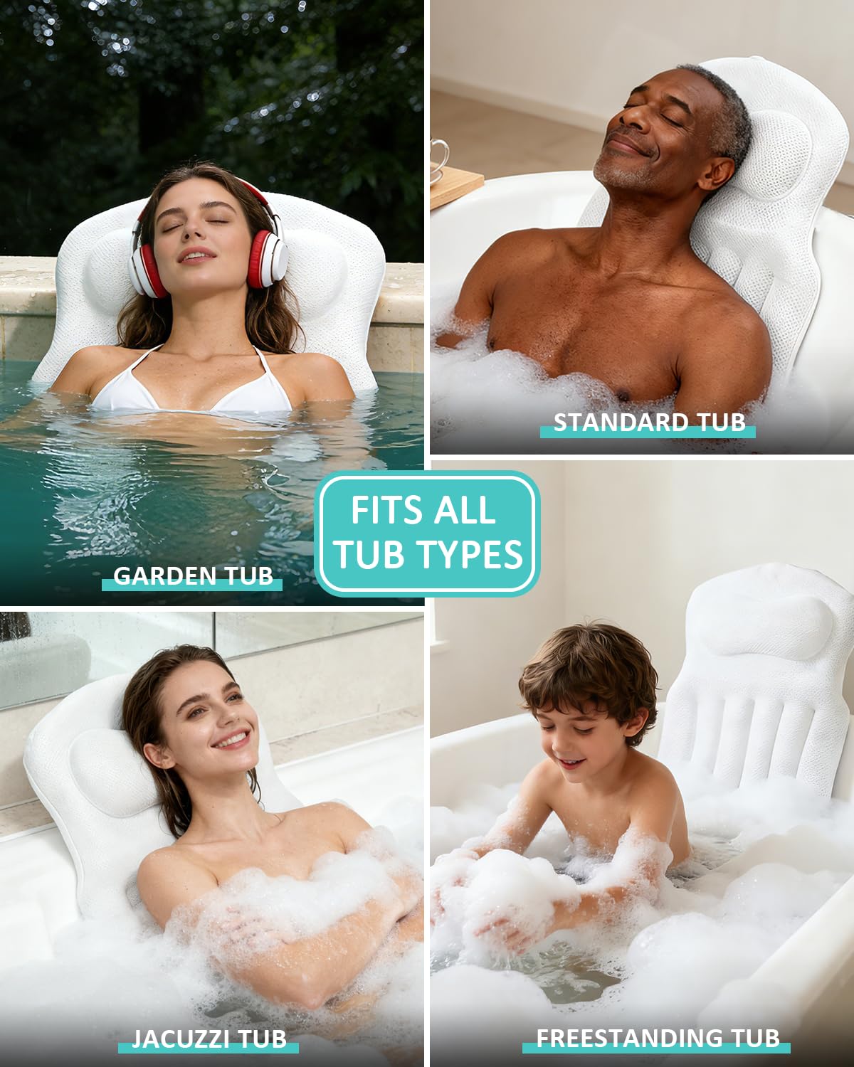 Full Body Bath Pillow for Bathtub, 5D Thick Tub Pillow for Bathtub with 192 Non-Slip Suction Cups, Laundry Bag & Hook, Bathtub Pillow for Head, Neck & Back Support (White, 51"*15")