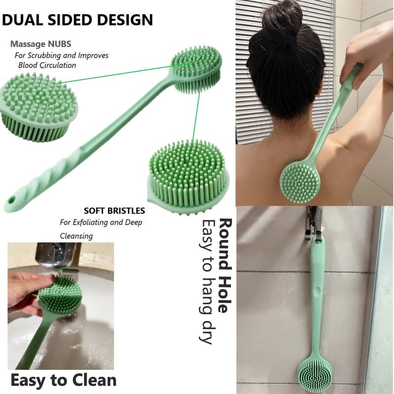 Cinlitek Silicone Body Scrubber - Long Handle Exfoliating Shower Brush for Men, Women & Kids - Free Hook