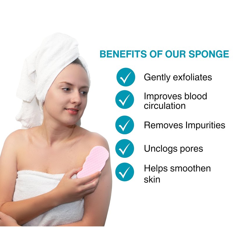 BESOBELLA Exfoliating Sponges (4 pcs) - Super Soft Exfoliating Bath Shower Sponge - Removes Dead Skin and Impurities from Body - Great for Adults and Children - Pink & Blue & White & Gray