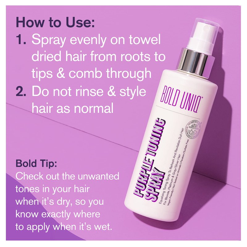 Blonde Toner Spray. Purple Leave In Toning Hair Treatment to Remove Brassy Surface Tones in Blonde, Platinum & Gray/Silver Hair. Paraben & Sulfate Free-PETA Approved Cruelty-free.