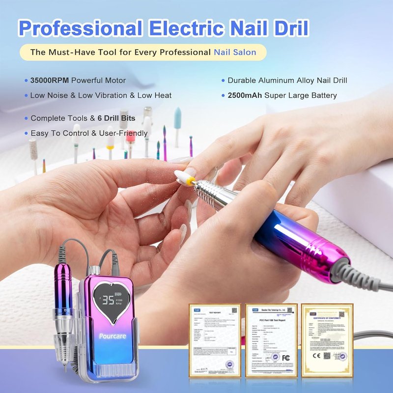 Electric Nail Drill 35000RPM | Rechargeable Acrylic & Gel Nail File Kit with 6 Polishing Tools - Sunset Blue