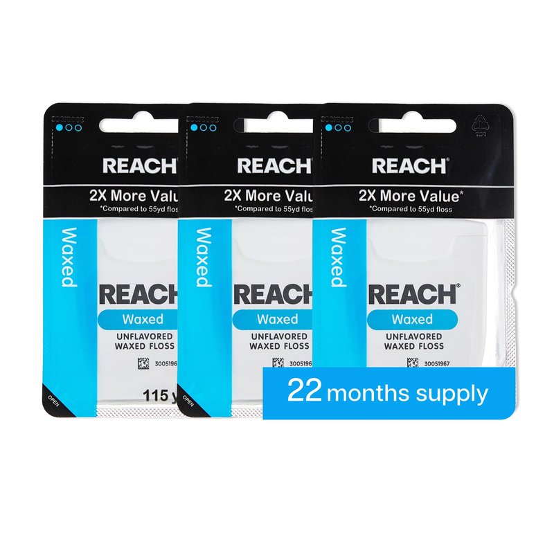 REACH Waxed Dental Floss, 2X More Value, Plaque Remover for Teeth, Shred Resistant, Floss Slides Smoothly, Easy to Use, Waxed, for Adults & Kids, Oral Care, PFAS Free, 3 Pack, 115 yd, Unflavored